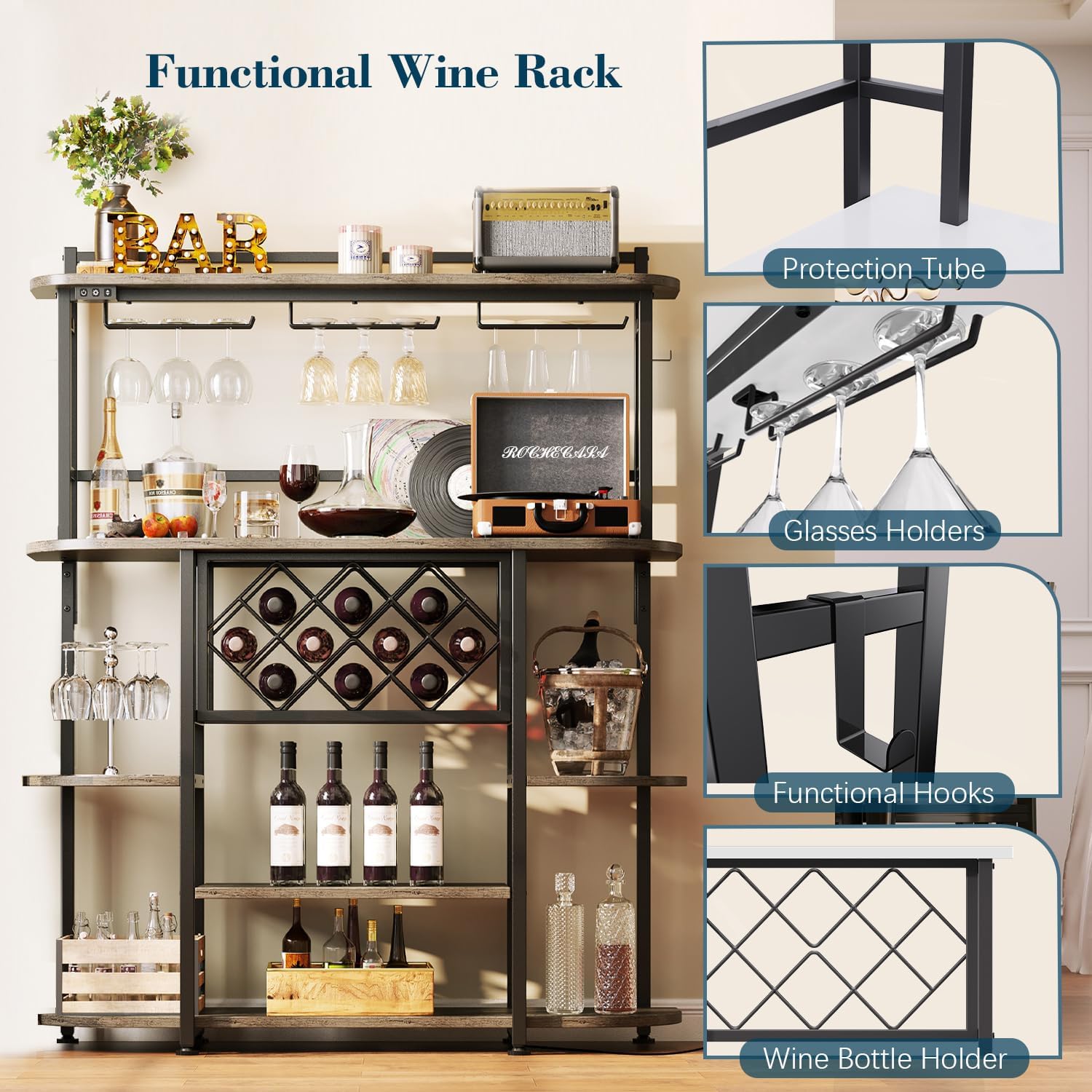 ROCHECASA Wine Rack with LED Light, Bar Table Cabinet with Glass Holder, Freestanding Coffee Bar Storage Shelves, 6-Tier Liquor Cabinet for Kitchen, Dining Room, Living Room,Grey 43.3"