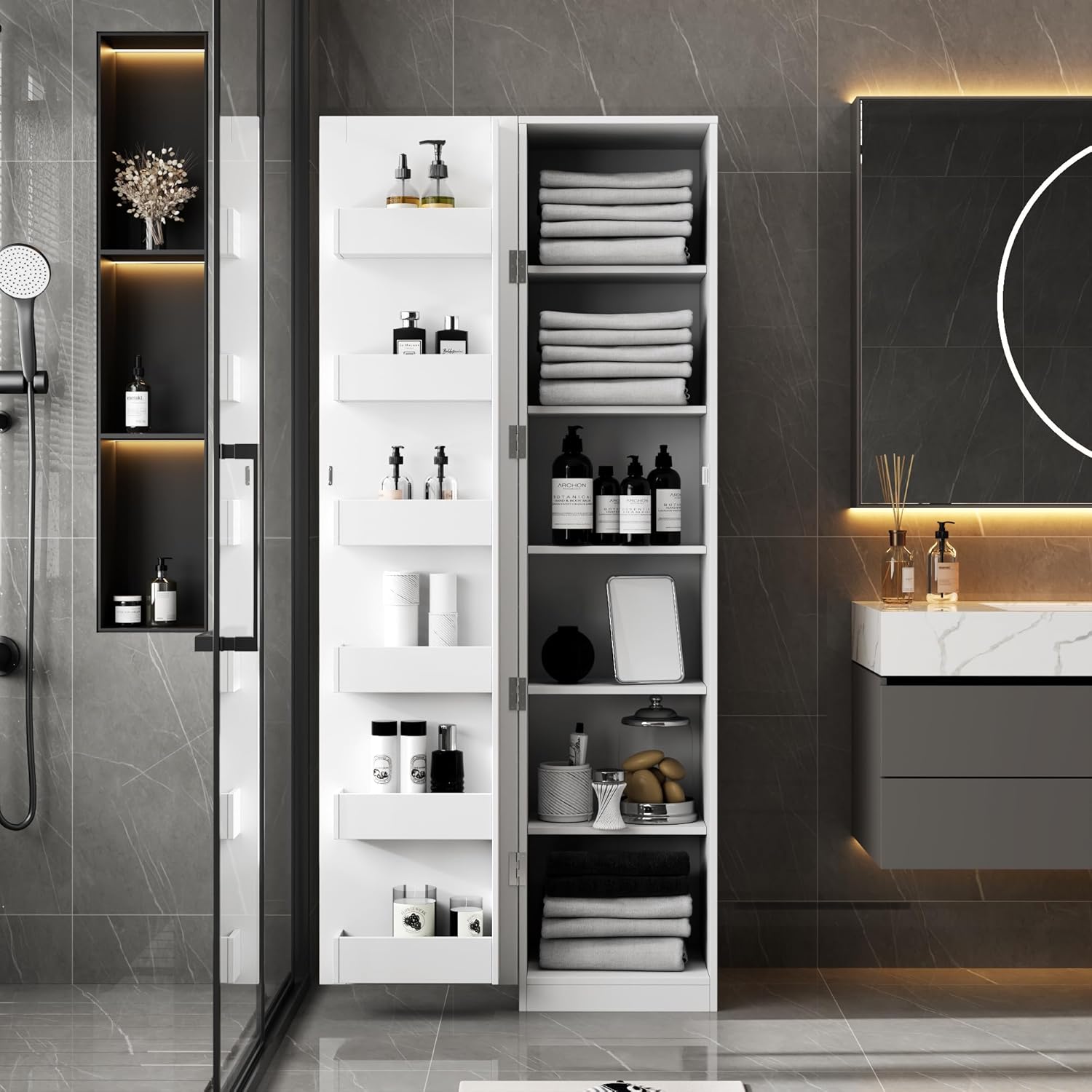 Kitchen Pantry Cabinet Freestanding Storage Cupboard with Doors and Adjustable Shelves, Tall Pantry Organizer for Kitchen Living Room Dining Room, 15.75" W × 15.75" D × 70.87" H