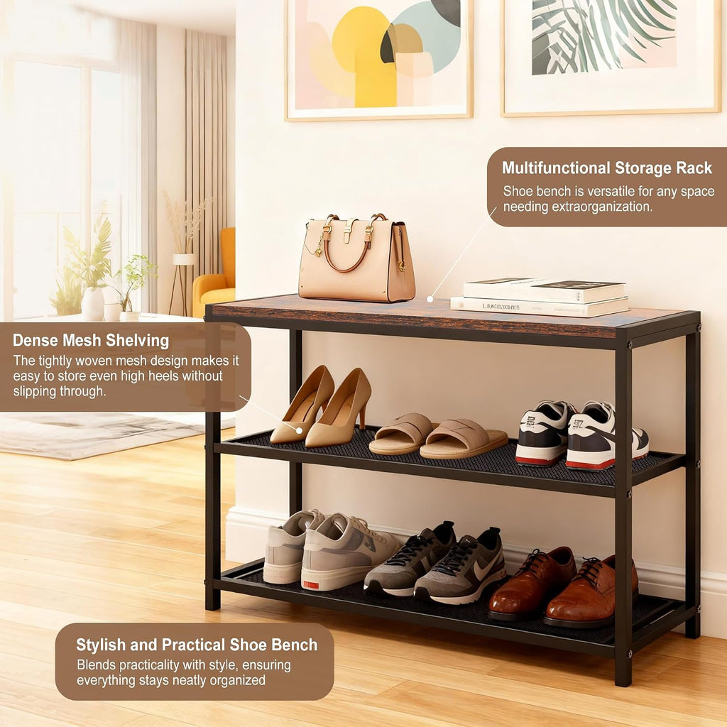 DUMOS 3-Tier Shoe Bench with Storage, Industrial Entryway Sturdy Shoe Rack Organizer Bench with Mesh Shelves for Entryway, Hallway & Living Room, Easy Assembly, Rustic Brown