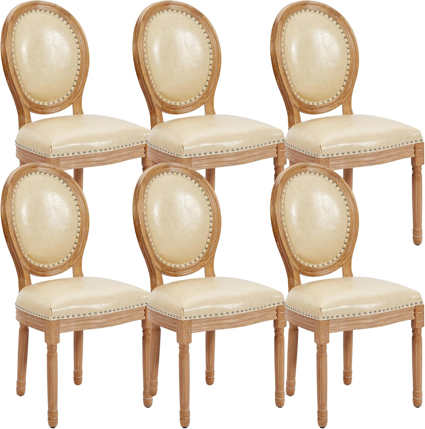 Leather Dining Chairs Set of 6 French Country Dining Chairs with Round Back, Farmhouse Upholstered Dining Accent Chairs with Nailhead Trim, Mid Century Modern (Beige)