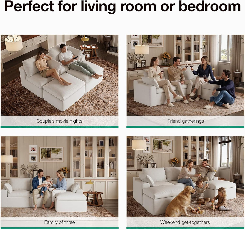 Novilla 104.3" Modular Cloud Couch, Modern Sectional Sofa with Smarts Coil® Support, Chenille Fabric, Upholstered Couch for Living Room Apartments Bedroom, No Assembly, 3 Seater + 1 Ottoman, White