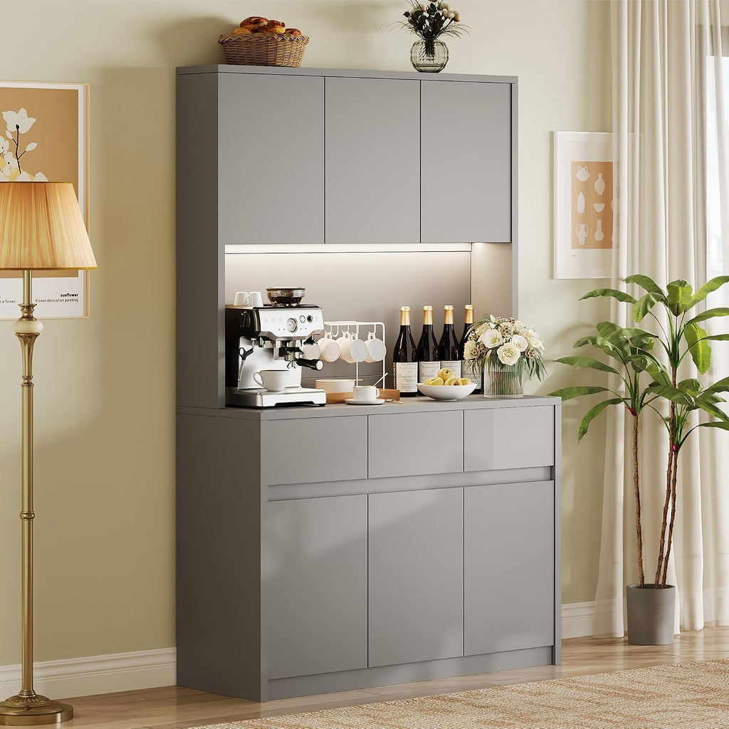 Garvee Kitchen Pantry Cabinet,71 in Tall Storage Cabinet with Doors&Shelves Adjustable, Kitchen Storage Hutch with Microwave Shelf, Led Lights&Charging Station,Corner Pantry Cabinet