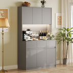 Garvee Kitchen Pantry Cabinet,71 in Tall Storage Cabinet with Doors&Shelves Adjustable, Kitchen Storage Hutch with Microwave Shelf, Led Lights&Charging Station,Corner Pantry Cabinet