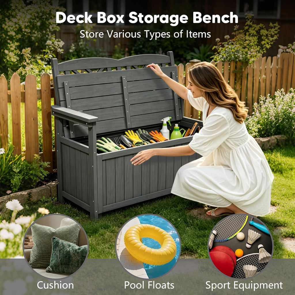 80 Gallon Outdoor Storage Bench Deck Box, Waterproof Weather Resistant Patio Bench with Armrests for Patio Garden and Porch, Large Capacity Storage Seat for Garden Tools, Cushions(Grey)