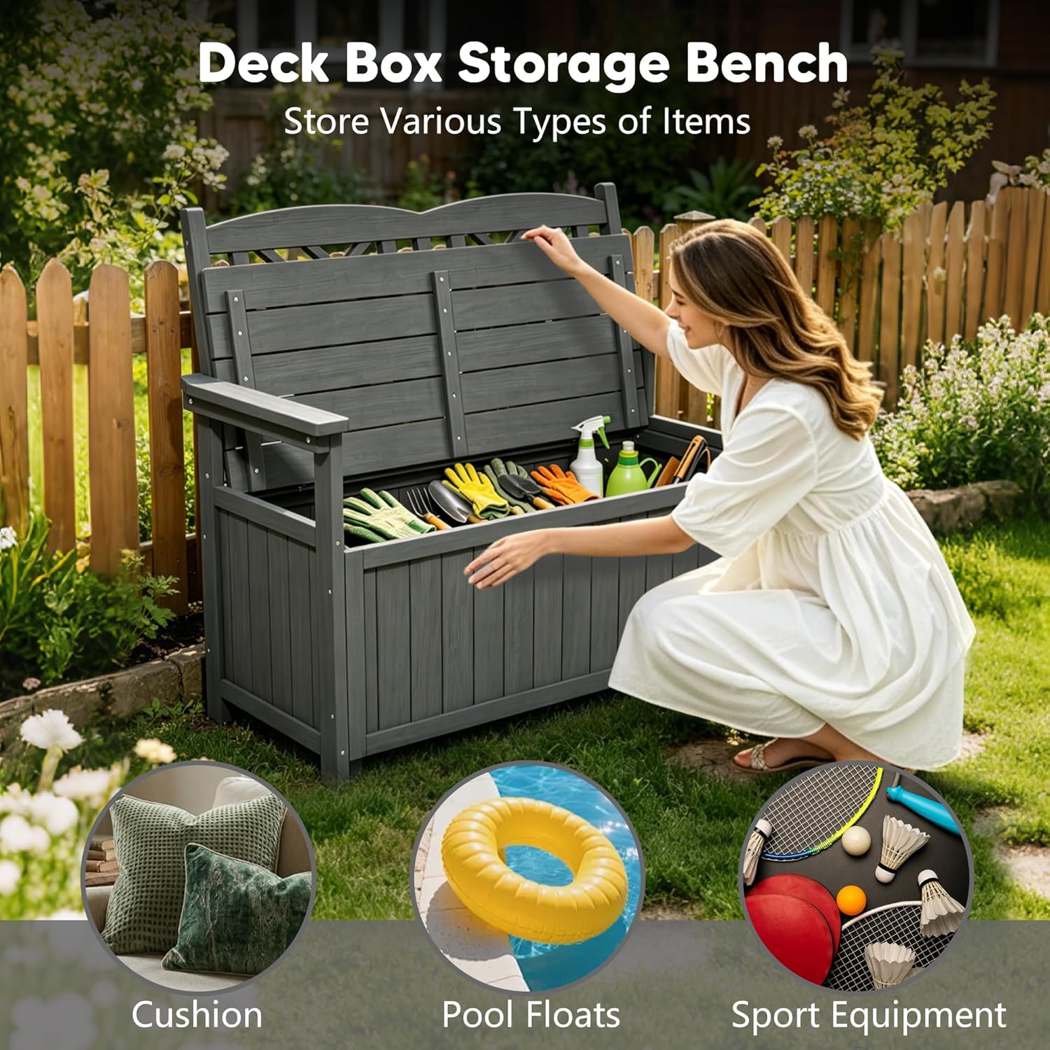 80 Gallon Outdoor Storage Bench Deck Box, Waterproof Weather Resistant Patio Bench with Armrests for Patio Garden and Porch, Large Capacity Storage Seat for Garden Tools, Cushions(Grey)