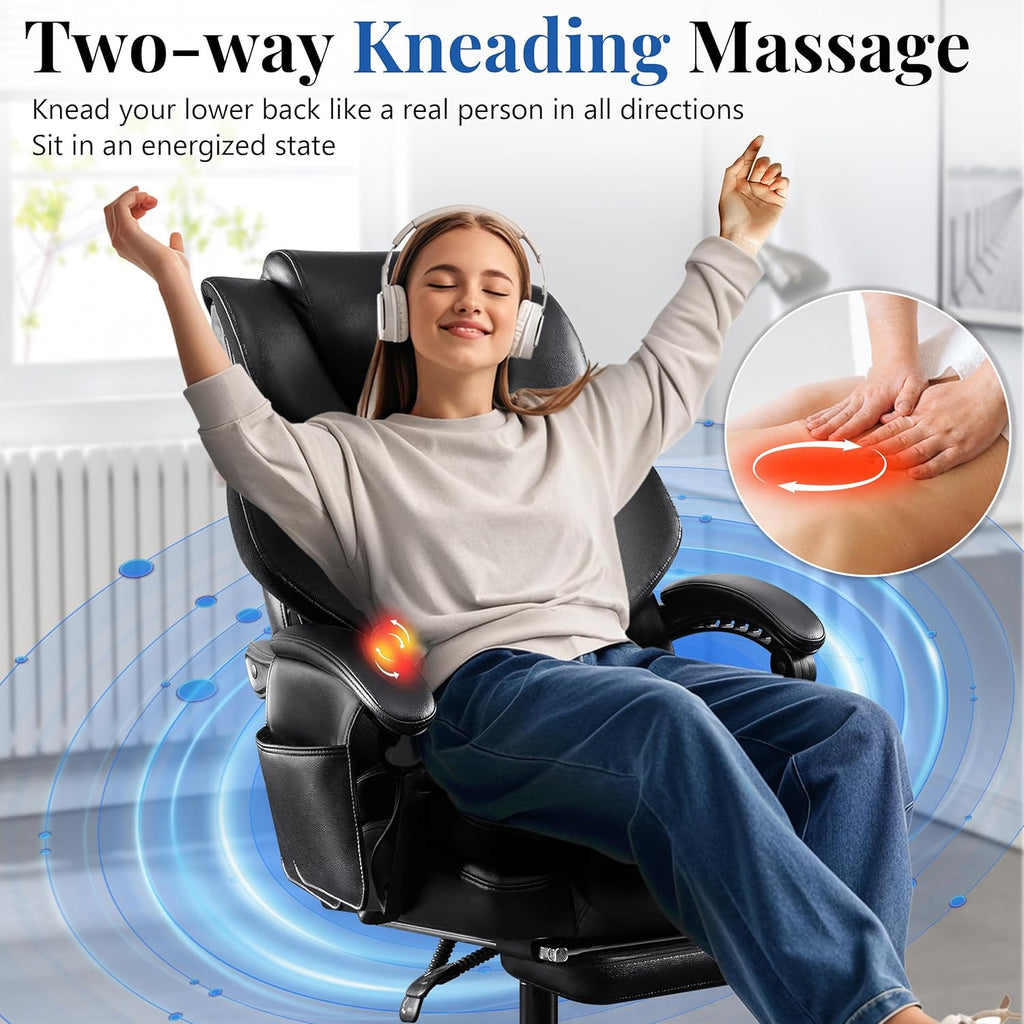3D Kneading Massage Office Chair, Oversized 600LBS Big and Tall Executive Office Chair with Footrest, Reclining Computer Chairs, Wider Upholstered Seat Ergonomic Desk Chair for Home Office, Black