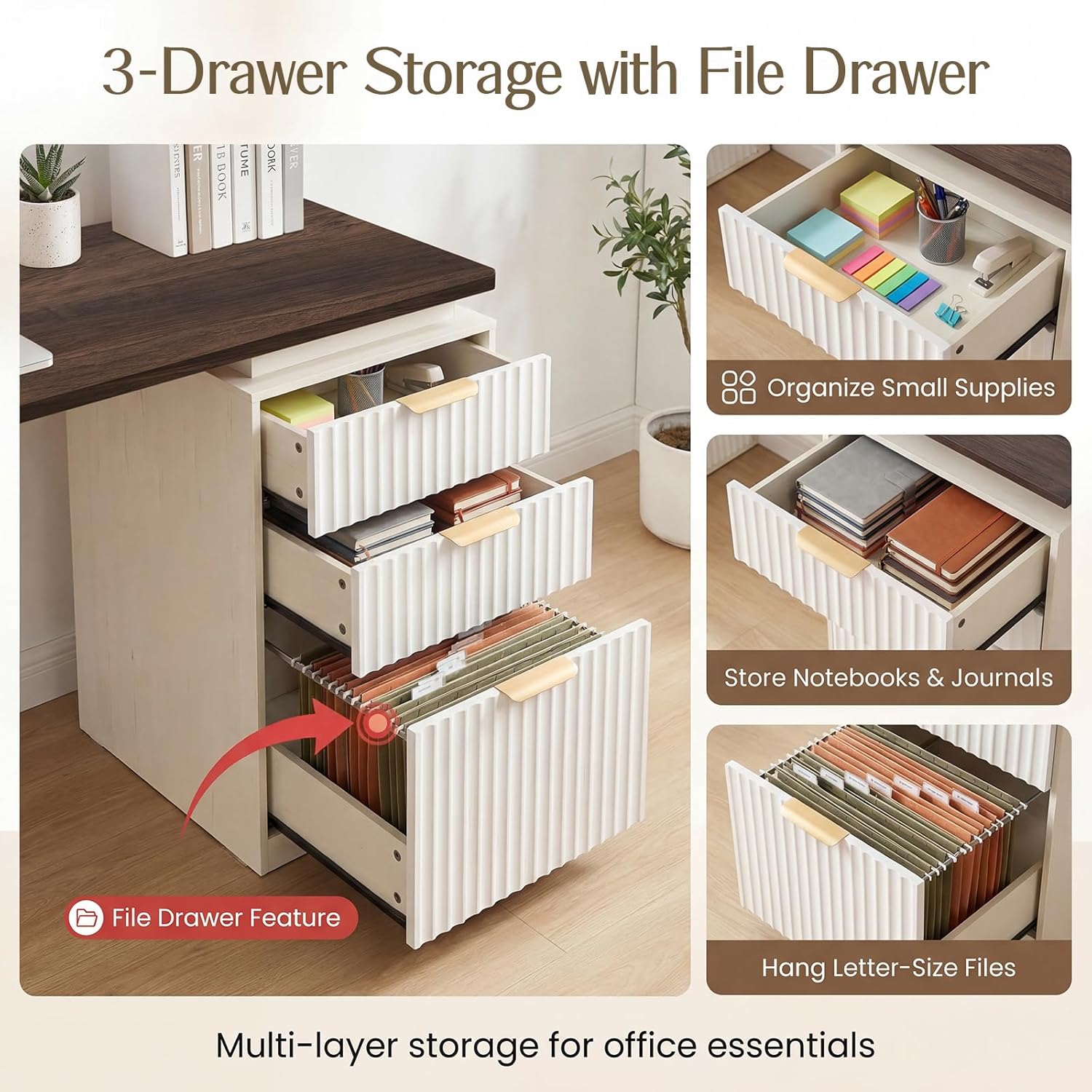 NORTHSKY 61" L Shaped Desk with Arched Hutch, White Corner Computer Desk with Power Outlets, 3 Drawers, File Cabinet and Sliding Door Storage for Home Office