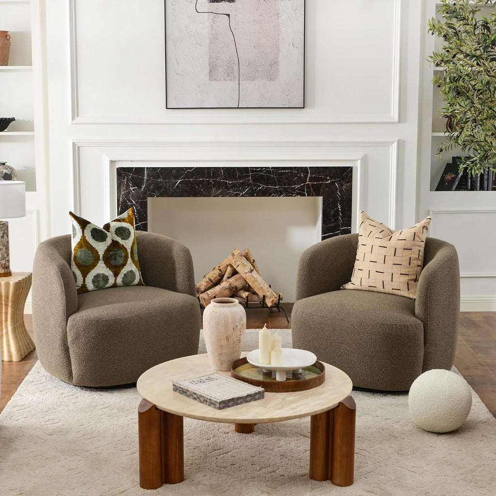 KINWELL 34" Wide Sherpa Swivel Barrel Chairs Set of 2, No Assembly Round Boucle Upholstered Accent Chairs Armchairs Single Sofa Chair with Toss Pillow for Living Room and Bedroom, Teddy Brown