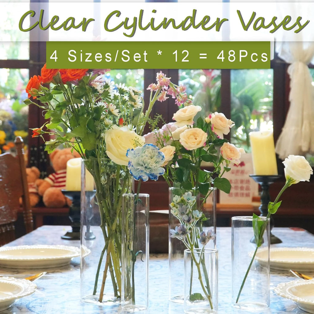 48pcs Glass Cylinder Vases 4,5,6 Inch for Centerpieces,Small Clear Flower Vases for Wedding Decorations and Indoor Home Decor, Hurricane Candle Holder for Table Shelf, Party