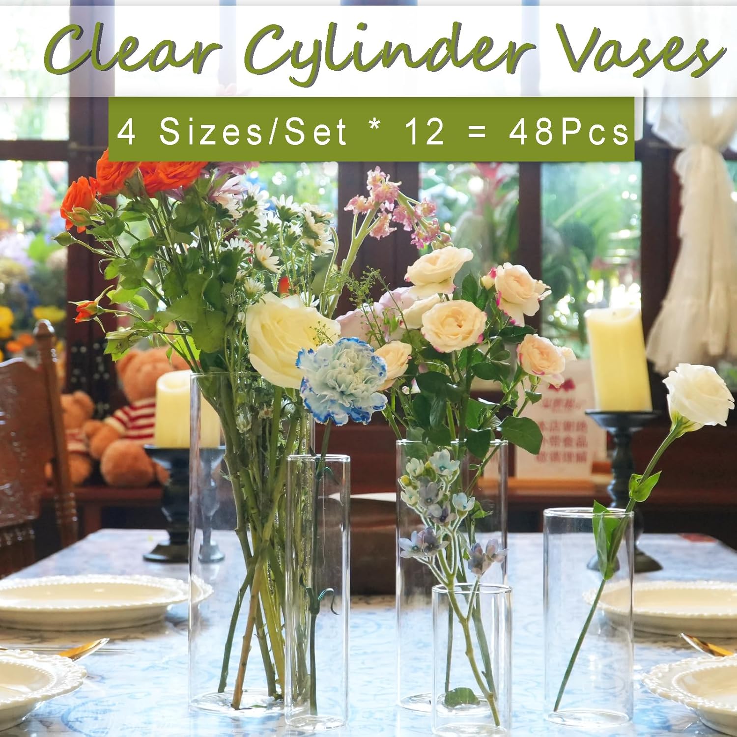 48pcs Glass Cylinder Vases 4,5,6 Inch for Centerpieces,Small Clear Flower Vases for Wedding Decorations and Indoor Home Decor, Hurricane Candle Holder for Table Shelf, Party