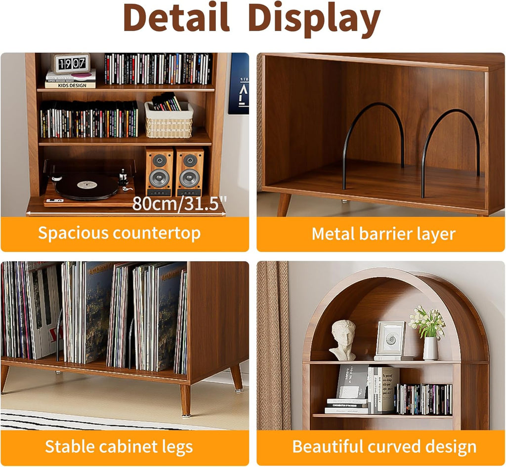 Large Record Player Stand with Vinyl Storage,6-Tier Arched Record Player Table Holds Up 350+ Albums, Turntable Stand with CD/DVD Rack,Vinyl Record Storage for Living Room (Walnut, 31.49''W)