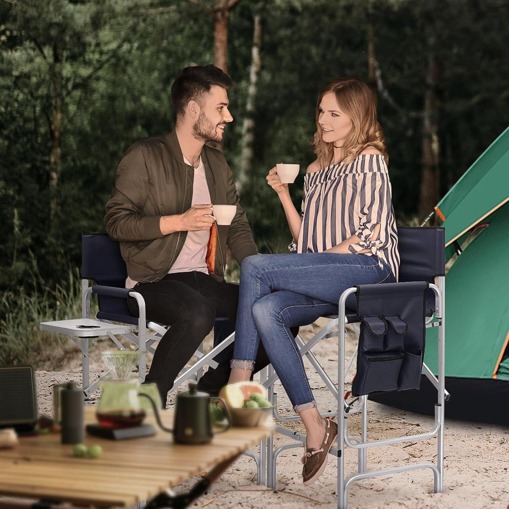 Directors Chair, 31“Tall Foldable Camping Chairs, Folding Aluminum Frame Vanity Chair, Makeup Artist Chair, Portable Camping Chair with Side Table, Cup Holder and Pockets, 250lbs Capacity(Blue)