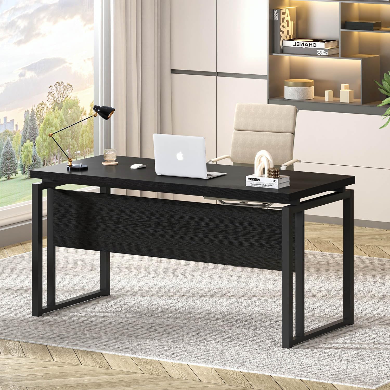 EXCEFUR Black Desk for Home Office, Modern Computer Desk, Wood and Metal Writing Study Table for Workstations, Living Room, Bedroom, 53 Inch