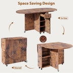 Jocoevol Round Folding Dining Table for 4, Space Saving Drop Leaf Kitchen Table with Storage Drawer, 6 Wheels Oval Gateleg Foldable Dining Table for Small Spaces(Vintage 47 * 23.6 * 30)