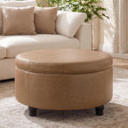 30-Inch Round Ottoman, Leather Ottoman with Storage (Light Brown | Modern Storage Ottoman with Removable Top for Living Room, Bedroom, Office