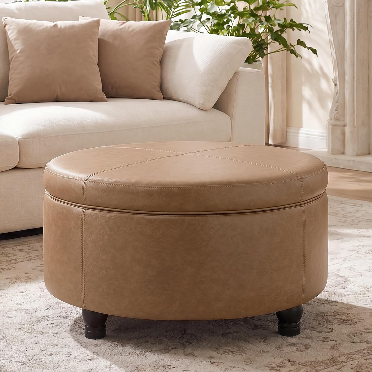 30-Inch Round Ottoman, Leather Ottoman with Storage (Light Brown | Modern Storage Ottoman with Removable Top for Living Room, Bedroom, Office
