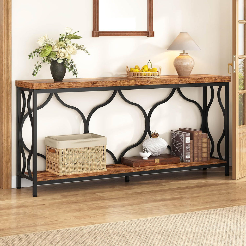 IBF 63 Inches Long Farmhouse Entryway Table, Rustic Wood Metal Sofa Console Table with Storage Shelves, Narrow Industrial Behind Couch Entry Hallway Table for Home Living Room, Rustic Brown Oak