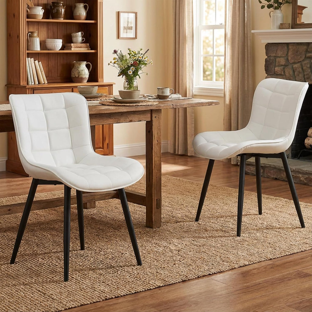 YOUTASTE White Dining Chairs Set of 2, Faux Leather Upholstered Armless Chairs with Back and Black Metal Legs, Mid Century Modern Kitchen Chairs for Living Room, Vanity, or Guest Reception Room