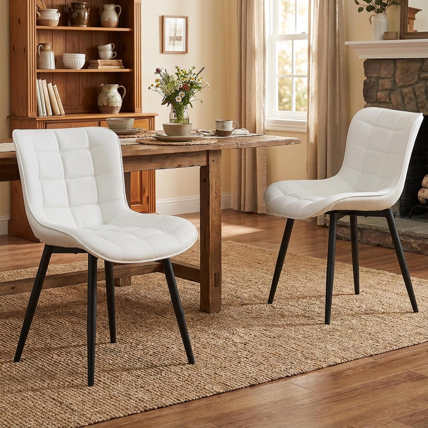 YOUTASTE White Dining Chairs Set of 2, Faux Leather Upholstered Armless Chairs with Back and Black Metal Legs, Mid Century Modern Kitchen Chairs for Living Room, Vanity, or Guest Reception Room