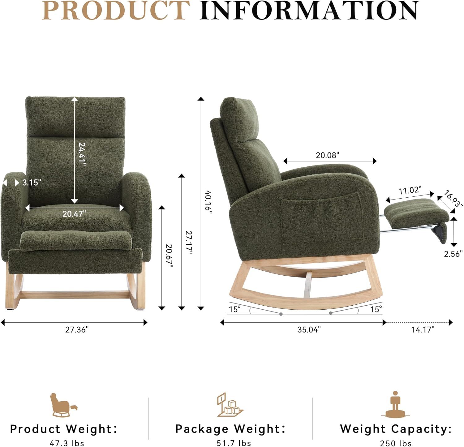 Rocking Chair, Nursery Rocking Chair, Teddy Fabric Rocker, Adjustable Footrest, Headrest, Side Pocket, Solid Wood Base, 15 Degree, Green