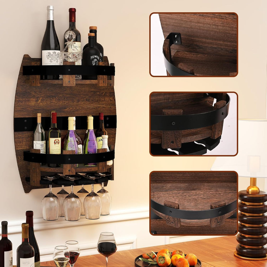 Whiskey Barrel Rack,Vintage Wall Mounted Wine Rack | for Kitchen Storage Hand Crafted Liquor Bar Shelves Wine Shelf Bourbon Whiskey Barrel Shelf Home Decor