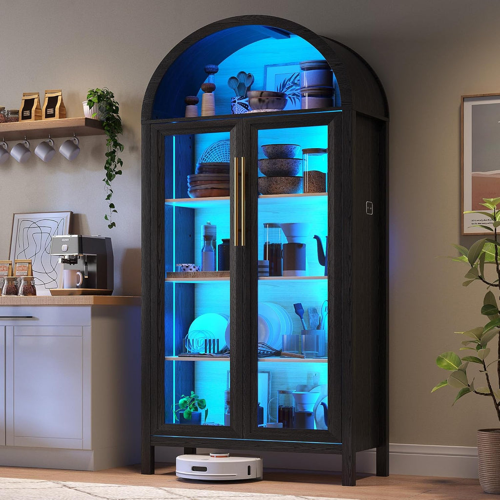 HWB Display Cabinet with Glass Doors, 5-Tier Tall Curio Cabinet with Lights for Collectibles, LED Display Case for Book/Medal/Figure, Black