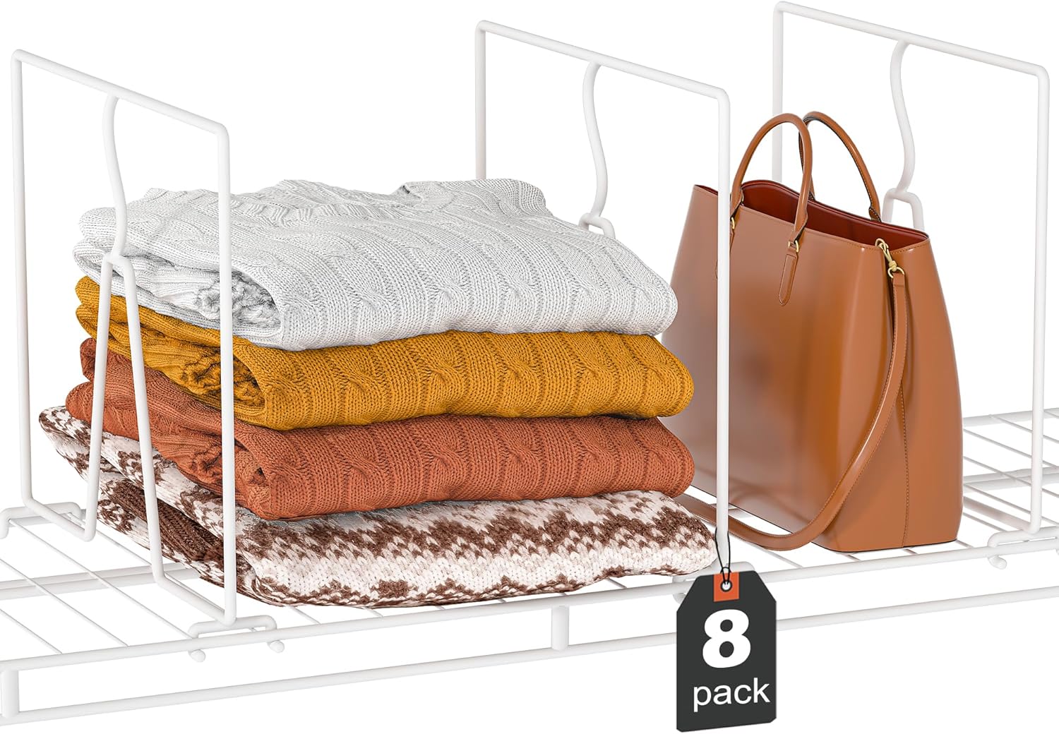 Wire Shelf Dividers for Closet: Clothes, Purse, Sweater Organizer, Vertical White Metal Rack Separators for Pantry, Bedroom, Kitchen Organization on Shelving (12" D x 10.6" H, 8 Pack)