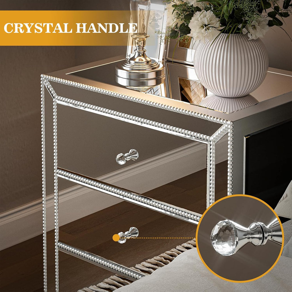 IKIFLY Mirrored Nightstand with 3 Drawers, Silver End Table with Crystal Handles, Modern Bedside Table for Living Room, Bedroom