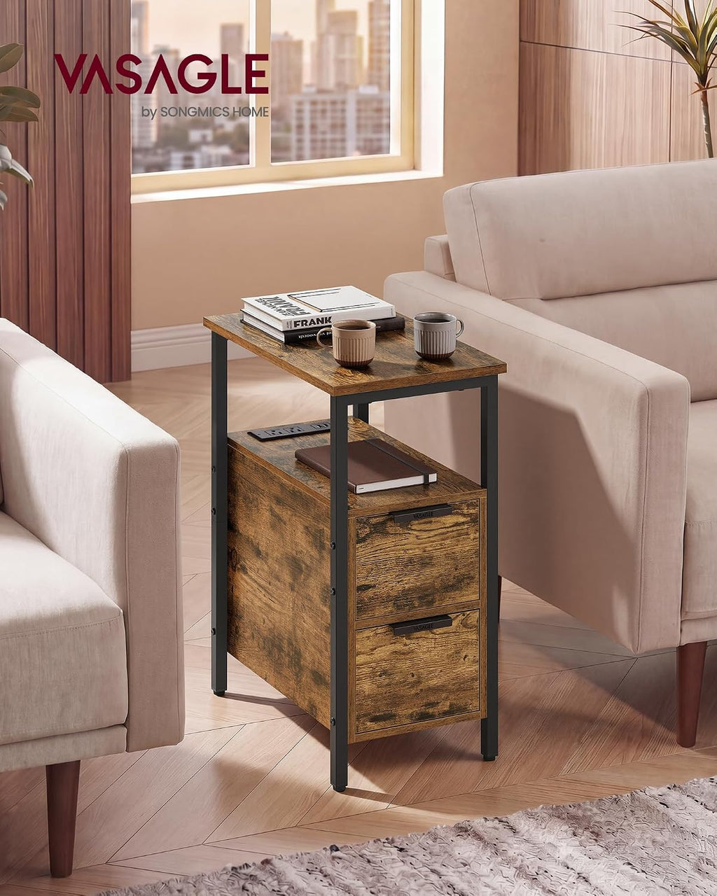VASAGLE Side End Table with Charging Station, Slim Nightstand with 2 Drawers, Narrow Bedside Table for Living Room, Small Spaces, 18.9 x 11.8 x 24 Inches, Rustic Brown and Ink Black ULET324K101S