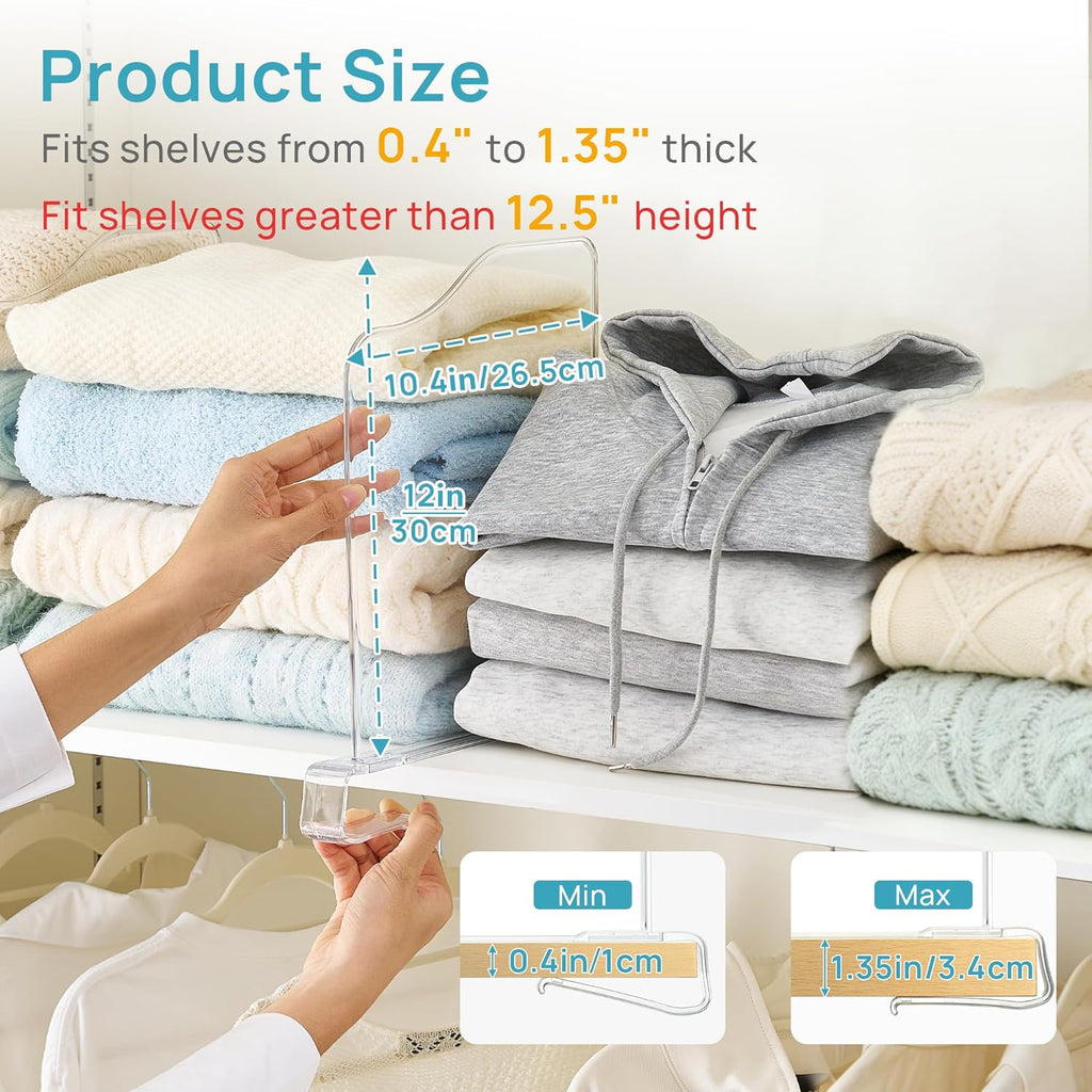 Vtopmart 12 Pack 12in Height Shelf Dividers for Closet Organization, Clear Plastic Closet Shelf Dividers of Upgrade 12in for Maximizing Vertical Space Storage, Organizing Sweater, Jeans, Shirts, Bags