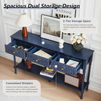 weselon 55.5" Carved Console Table with 3 Drawers, 2-Tier Sofa Table with Glossy Floral Surface and Solid Wood Legs, Mid-Century Modern Entryway Table for Living Room Hallway (Midnight Blue)