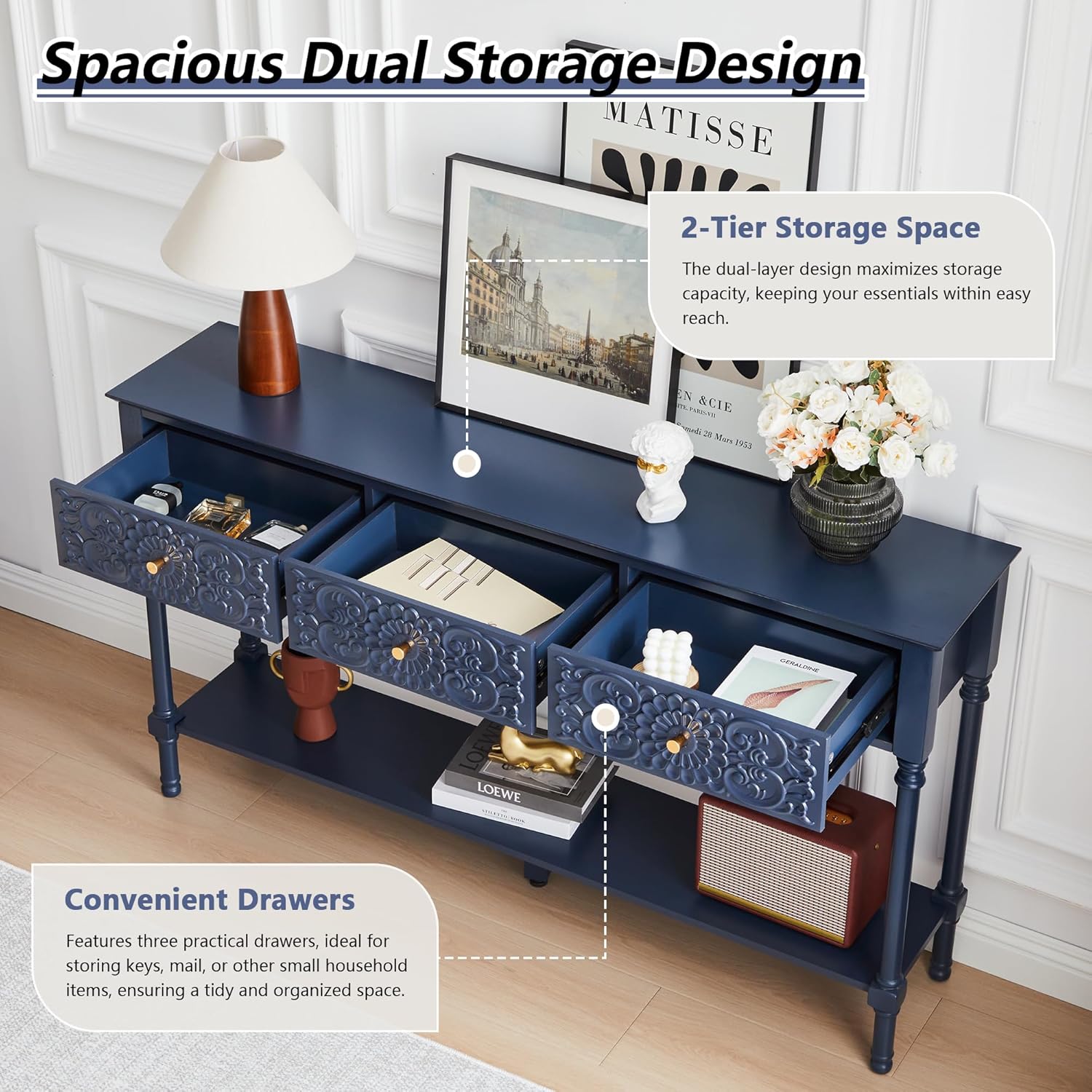 weselon 55.5" Carved Console Table with 3 Drawers, 2-Tier Sofa Table with Glossy Floral Surface and Solid Wood Legs, Mid-Century Modern Entryway Table for Living Room Hallway (Midnight Blue)