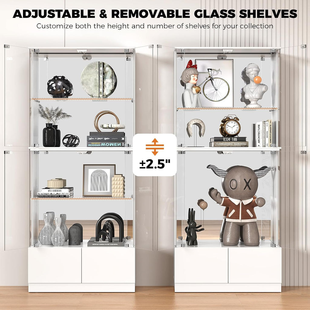 VersionTECH. Display Cabinet with Glass Doors, 4-Tier Curio Cabinet with RGB Lights for Collectibles, Display Case with 2 Drawers, Adjustable Glass Shelves, Human Body Sensor, Mirror Backing, White