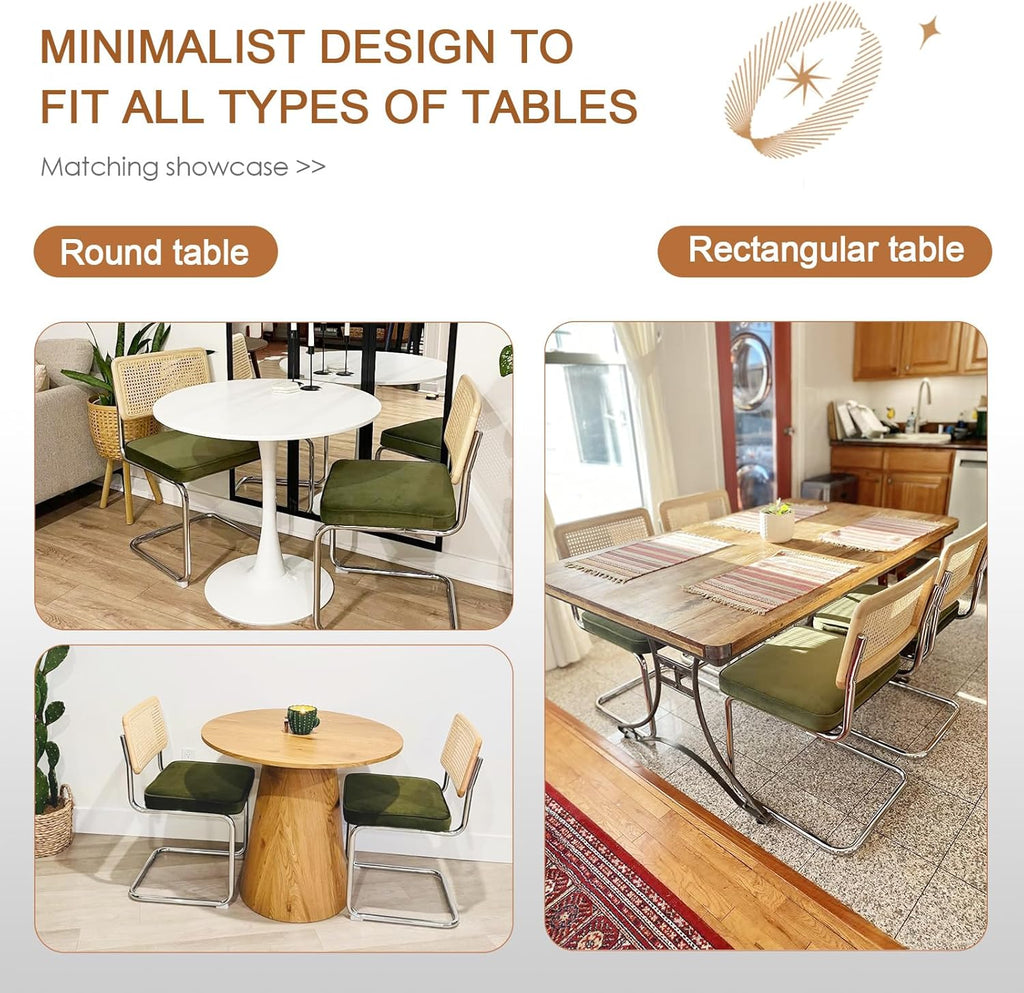 Zesthouse Mid Century Modern Dining Chairs Set of 4, Natural Rattan Dining Chairs with Solid Wood Back & Chrome Base, Upholstered Velvet Fabric, Green
