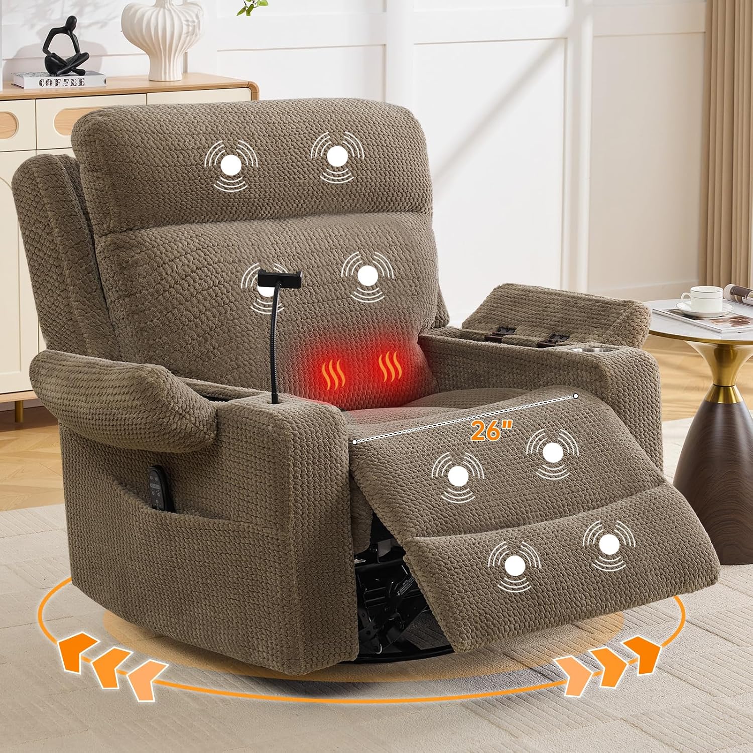 Power Swivel Rocker Recliner Chair with Massage & Heat, 26'' Oversized Glider Recliner Nursery Chair with Adjustable Headrest,Dual Motor Electric Recliner Chairs for Adults,Infinite Position,Camel