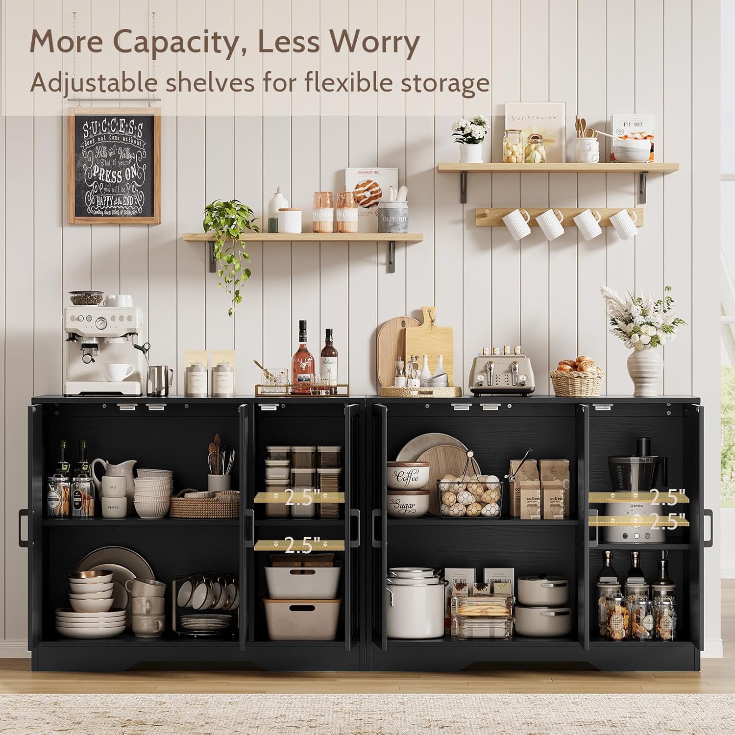 Modern Farmhouse Buffet Cabinet with Storage, 85" Large Sideboard Storage Cabinet with 6 Barn Doors, Coffee Liquor Bar Cabinet Wood Table Credenza with Adjustable Shelf for Kitchen Dining Living Room