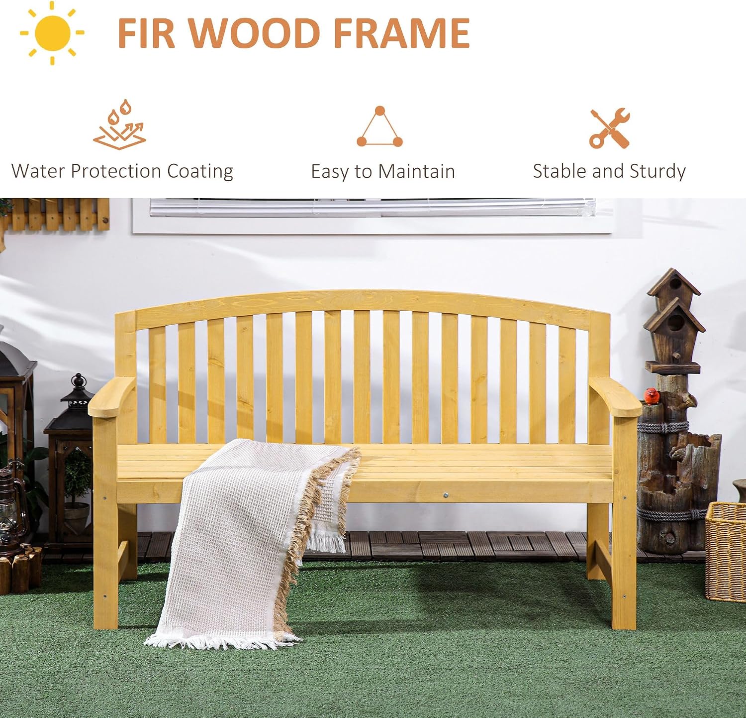 56-inch 2-Seat Hardwood Slatted Backrest Armrest Natural Finish Eco-Friendly Heavy-Duty Durable Premium Sturdy Quality All-Weather Long-Lasting