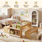 Kids Table and Bench Set, Montessori Kids Table and Chair Set, Indoor Wooden Toddler Activity Table with Bookshelves, 37”X22” Desktop, Children Desk for Home, Classroom, Boys, Girls (Natural)