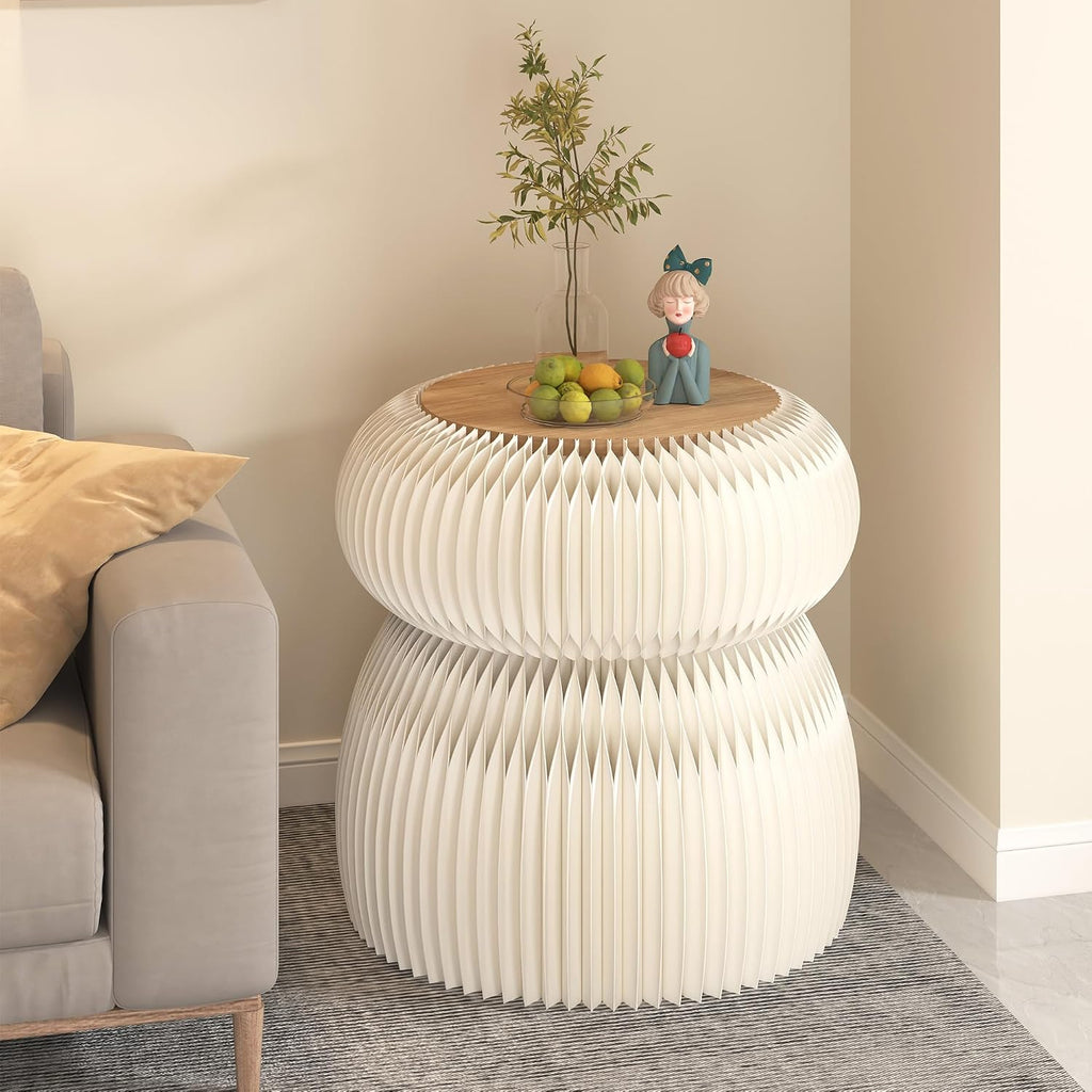 Stylish Honeycomb Paper Accent Table, Round Fluted Side Table, Decorative Accordion Stool for Living Room, Bedroom & Entryway