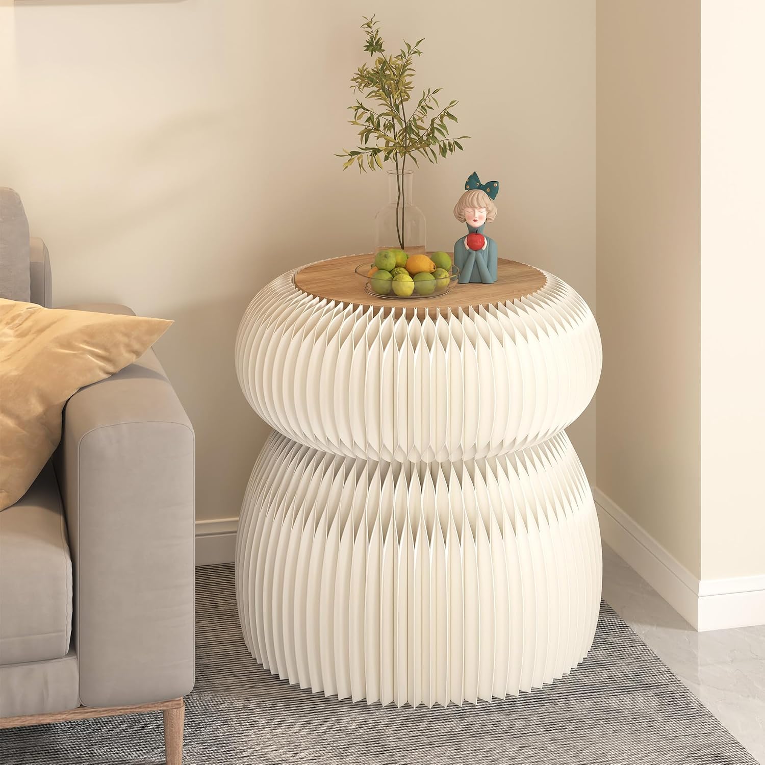 Stylish Honeycomb Paper Accent Table, Round Fluted Side Table, Decorative Accordion Stool for Living Room, Bedroom & Entryway