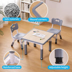 UNICOO - Kids 23""x23"" Three Piece Study Table and Chairs Set, Height Adjustable Plastic Children Art Desk with 2 Seats, Kids Multipurpose Activity Table Set (Maple Top with Grey Border), KT-TCO1
