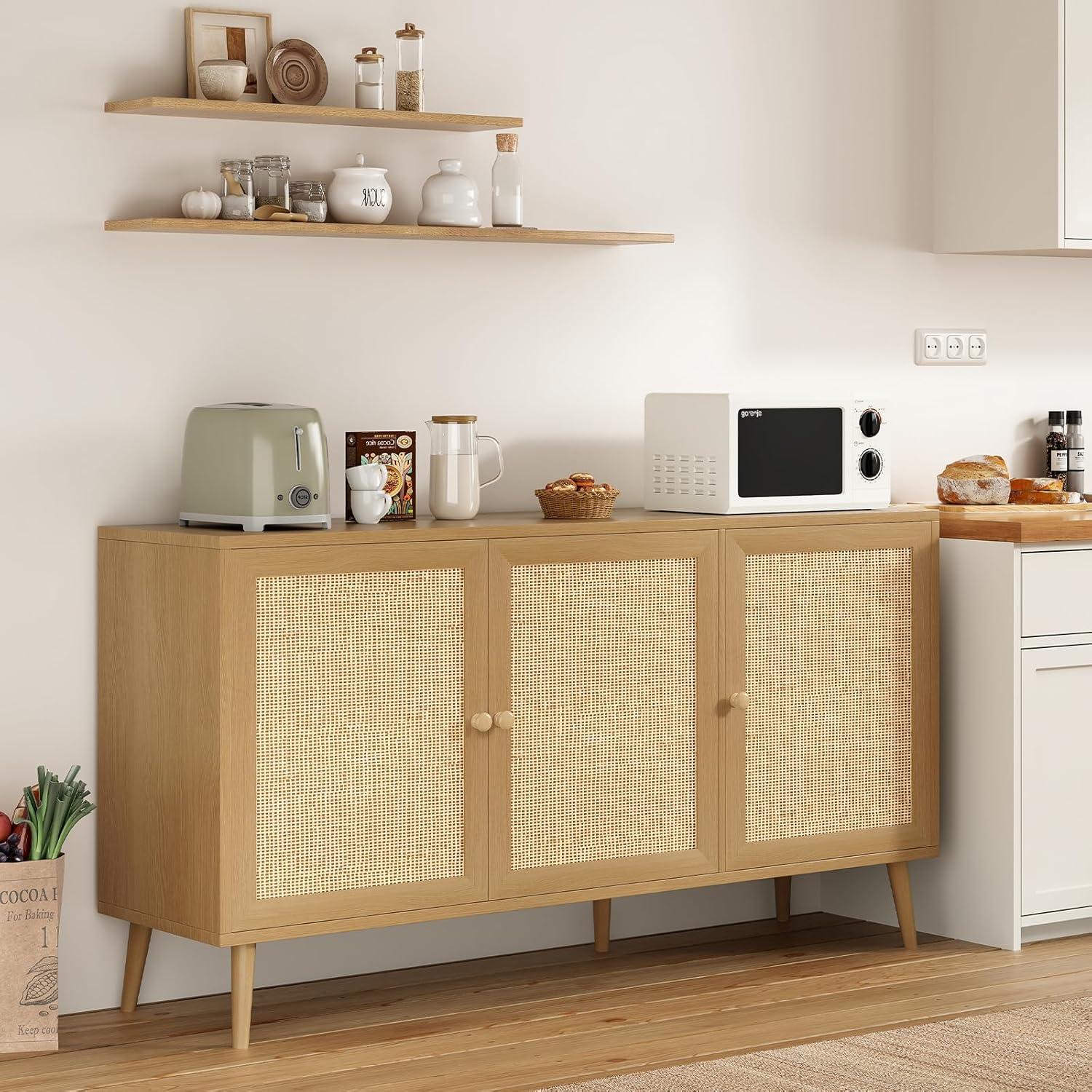 Farini 59.1" Buffet Cabinet with 3 Rattan Doors,Kitchen Sideboard for Dining Room, Hallway & Living Room, Coffee Bar Storage Console Table,Natural