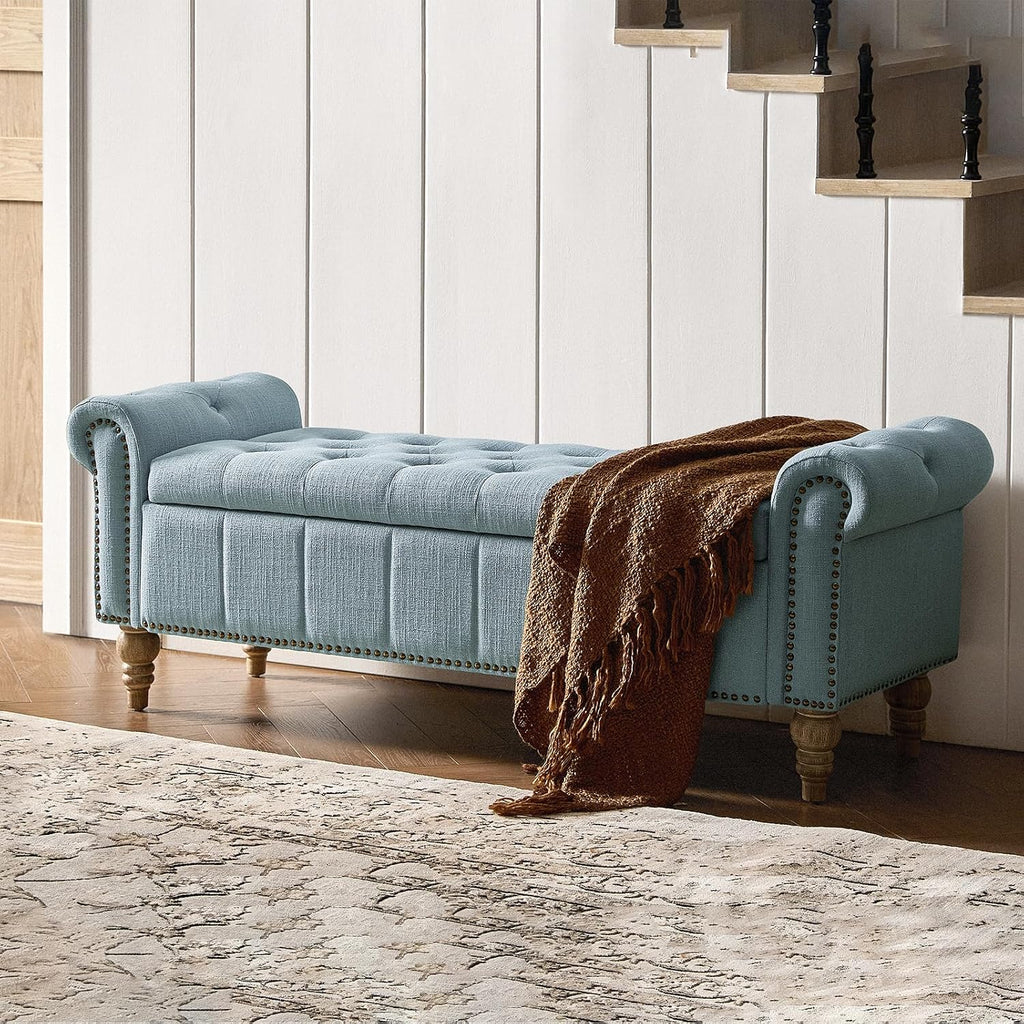 HULALA HOME Farmhouse Upholstered Storage Bench, End of Bed Bench with Vintage Button Tufted Design(Blue)
