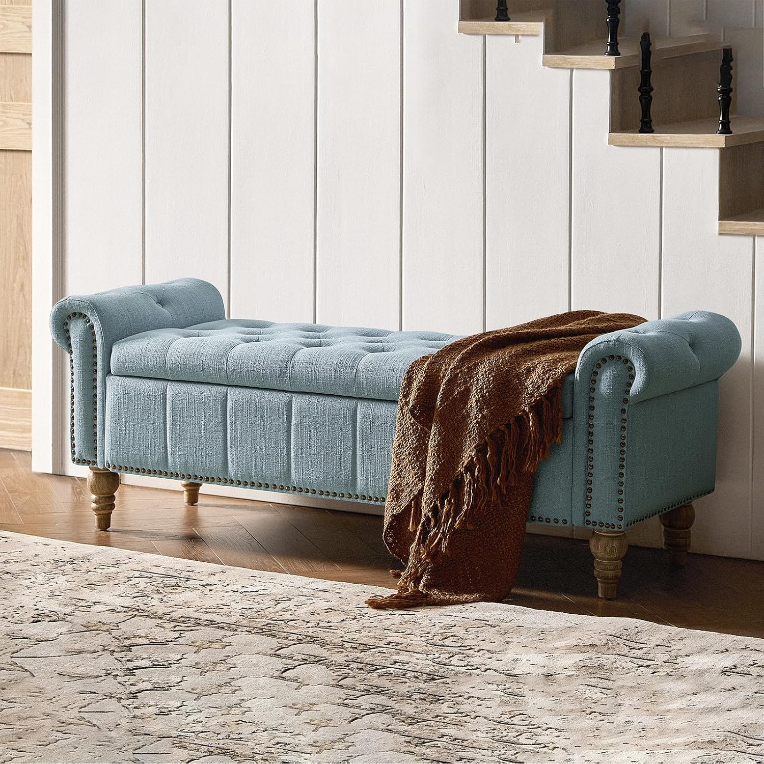 HULALA HOME Farmhouse Upholstered Storage Bench, End of Bed Bench with Vintage Button Tufted Design(Blue)