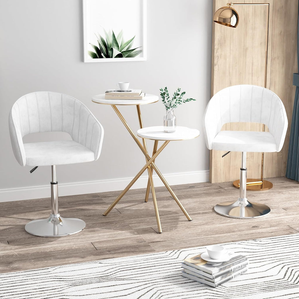 VECELO Large Wide Velvet Accent Chair, Adjustable Luxury Vanity & Dining Chair with Gold Barstool Base, 360°Swivel Upholstered Armchair for Living Room, Bedroom, Home Office, Pearl White