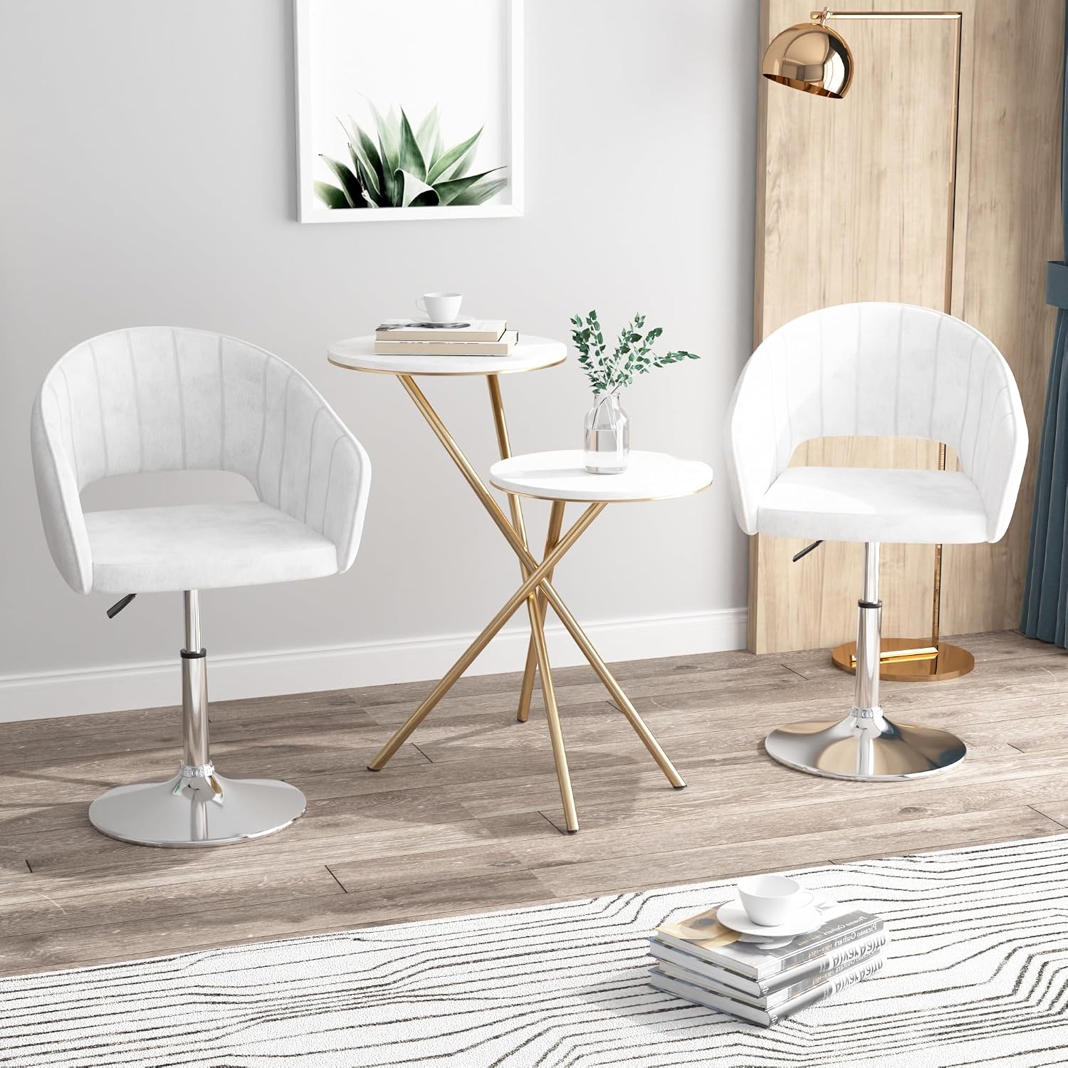 VECELO Large Wide Velvet Accent Chair, Adjustable Luxury Vanity & Dining Chair with Gold Barstool Base, 360°Swivel Upholstered Armchair for Living Room, Bedroom, Home Office, Pearl White