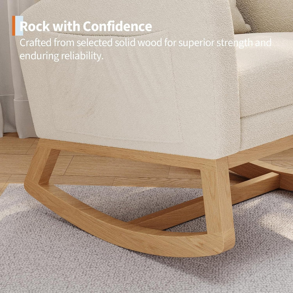 GarveeHome Rocking Chair, Nursery Glider Chair with Footrest, White | Modern Teddy Fleece Rocking Chair with Side Pocket and Pillow, Rocker Chair for Living Room Bedroom Nursing Room
