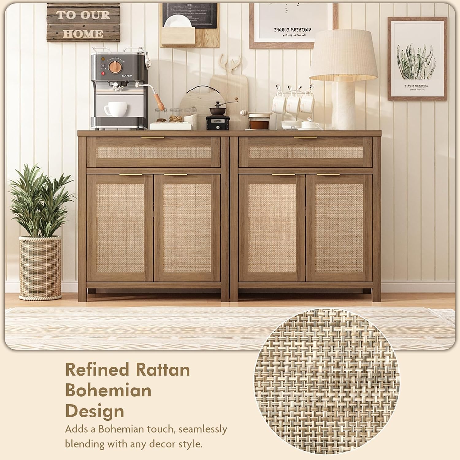 Sideboard Buffet Cabinet with Storage - 30" Rattan Boho Console Cabinets with Drawers, Mid Century Coffee Bar Cabinet for Entryway Living Room, Caramel Oak, Two Doors, Set of 2