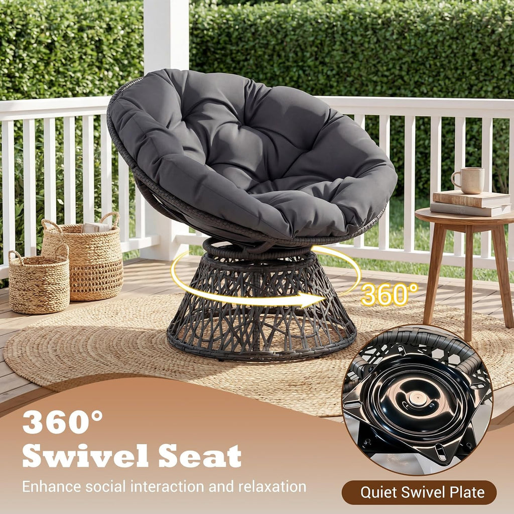 Giantex Wicker Papasan Chair with Soft Thick Cushion and High Capacity Metal Frame, 360° Swivel Ergonomic Lounge Reading Chair for Living Room, Bedroom, Patio, Indoor Outdoor Use (Grey)