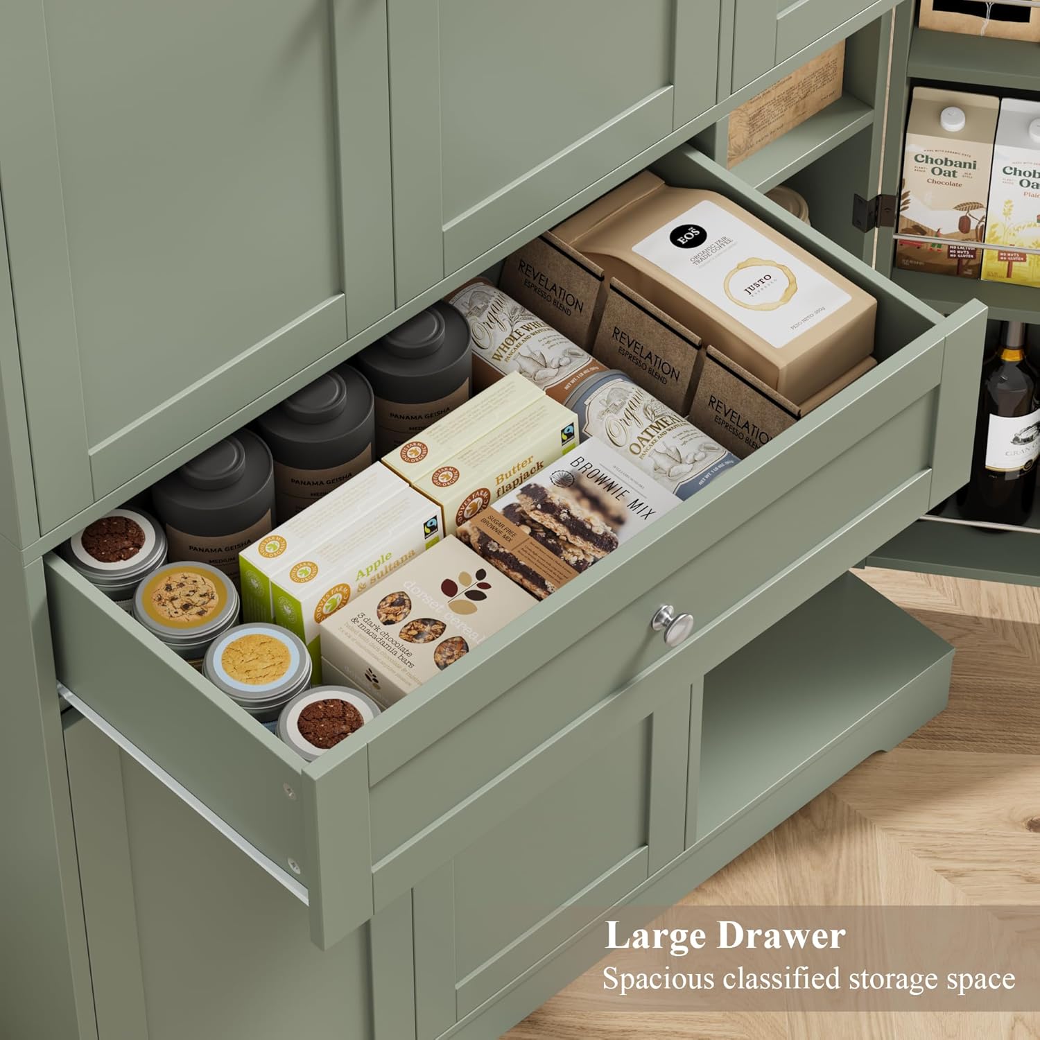 HOSTACK 68" Tall Kitchen Pantry Storage Cabinet, Modern Kitchen Hutch Cabinet with Doors and Shelves, Freestanding Food Pantry with Large Storage Drawer for Dining Room, Living Room, Green